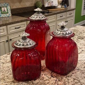 3 red glass containers w removable pewter lids